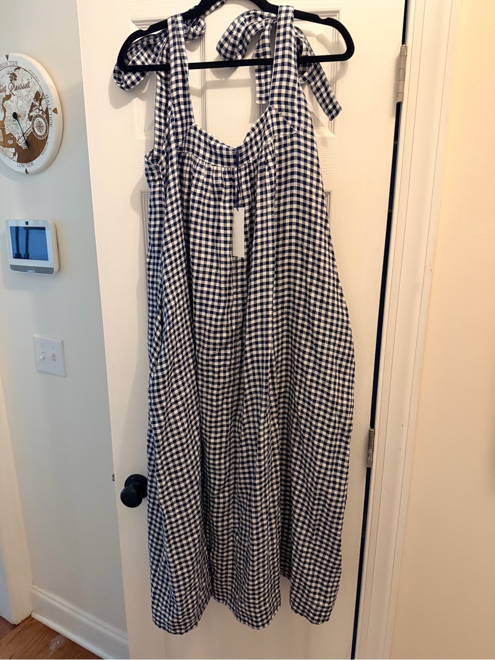 Clare V Navy and White Gingham Tie-Shoulder Dress